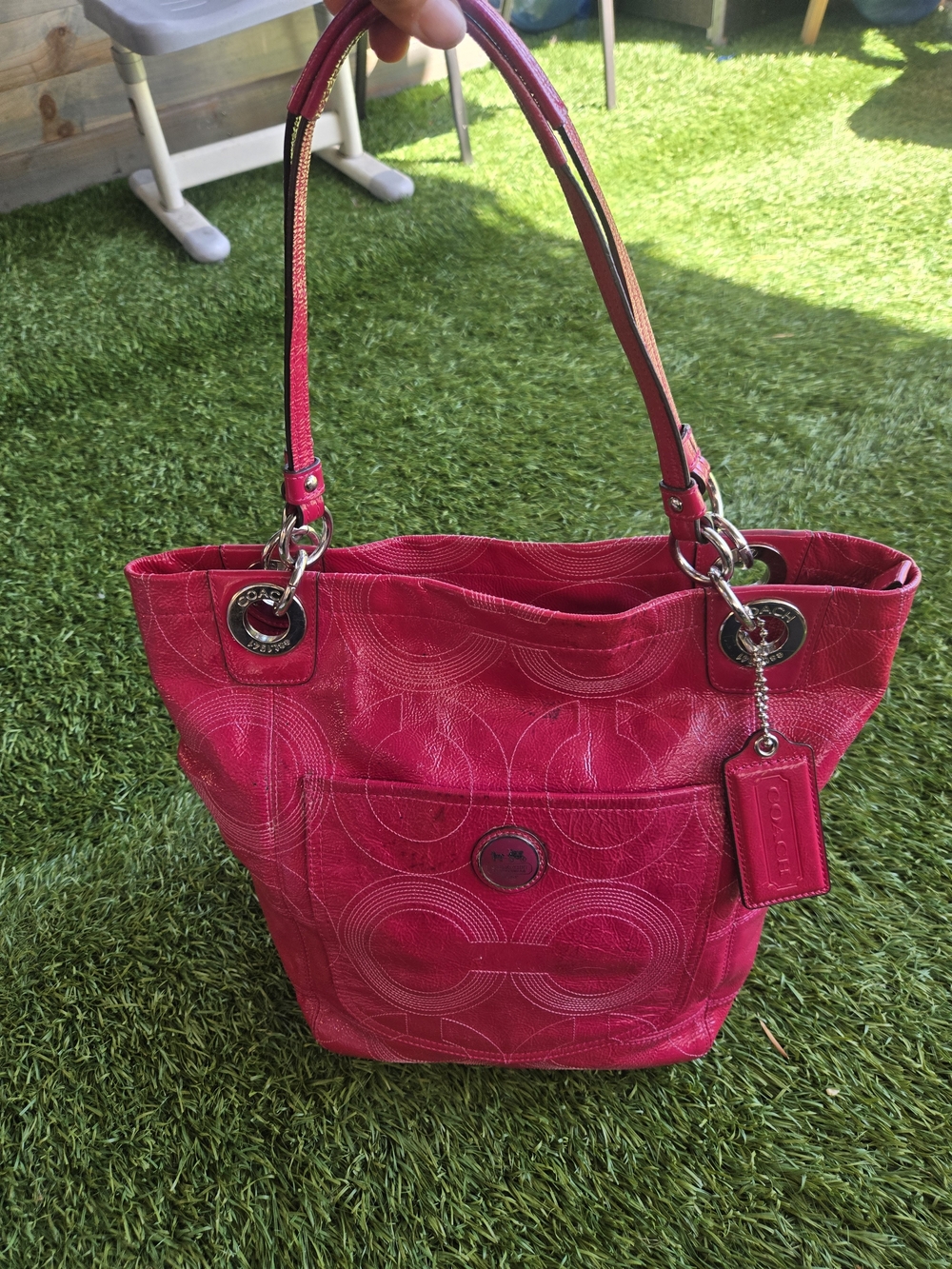 Coach Hot Pink Signature Tote with Leather Trim